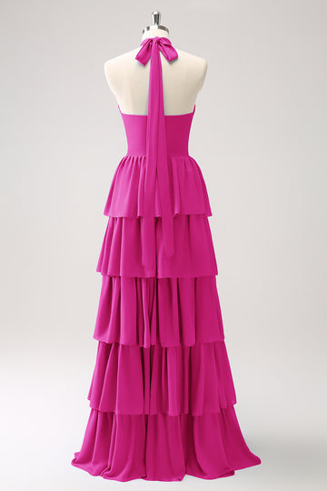 Fuchsia Halter Tiered Chiffon Long Bridesmaid Dress with Flower